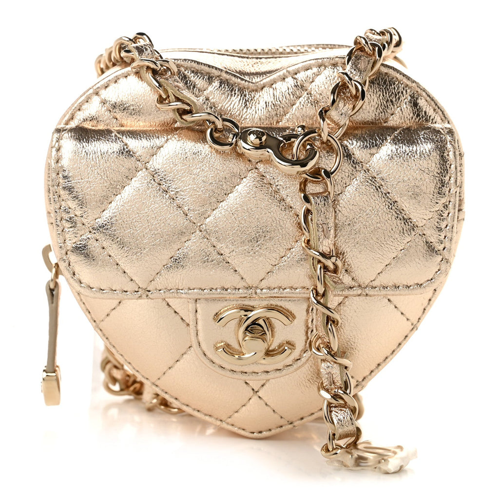 Metallic Lambskin Quilted CC In Love Heart Waist Belt Bag With Chain Gold