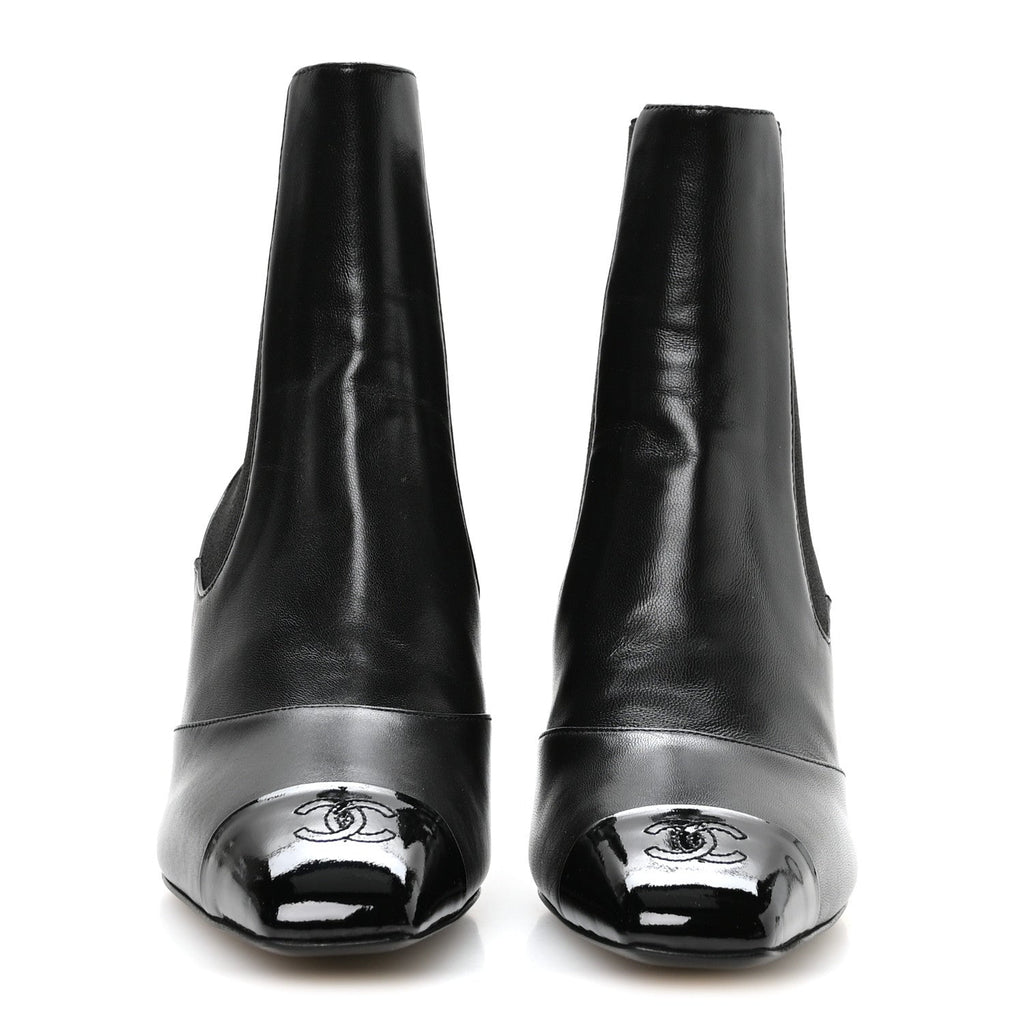 Lambskin Patent Calfskin CC Cap Toe Short Boots 39 Black