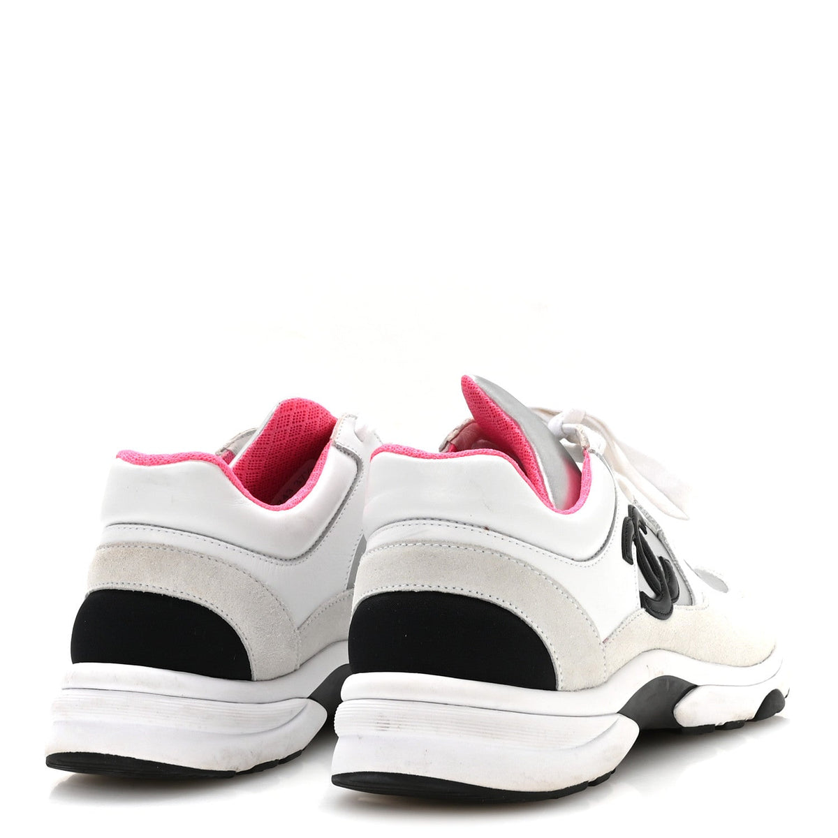 Calfskin Fabric Sneakers 37.5 White Silver Fluo Pink