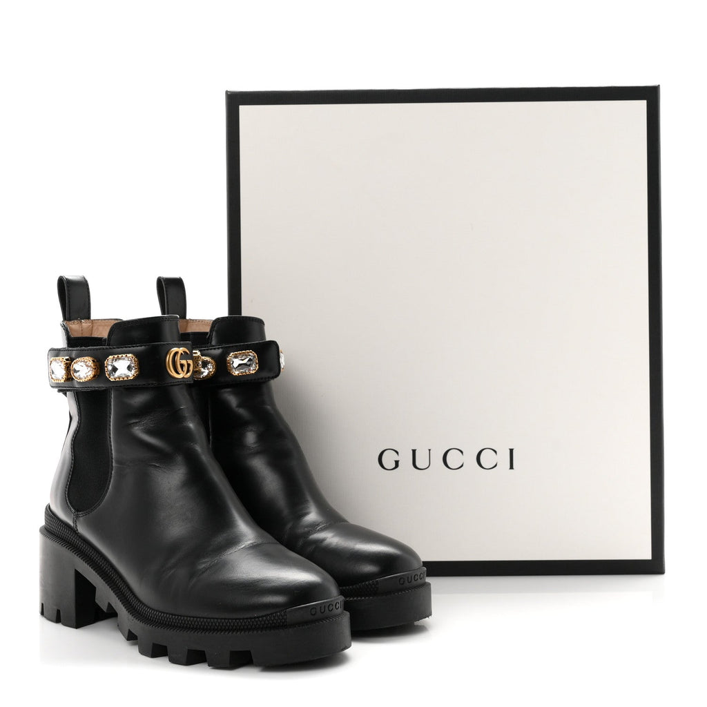 Calfskin Crystal GG Trip Chelsea Ankle Boots 36.5 Black