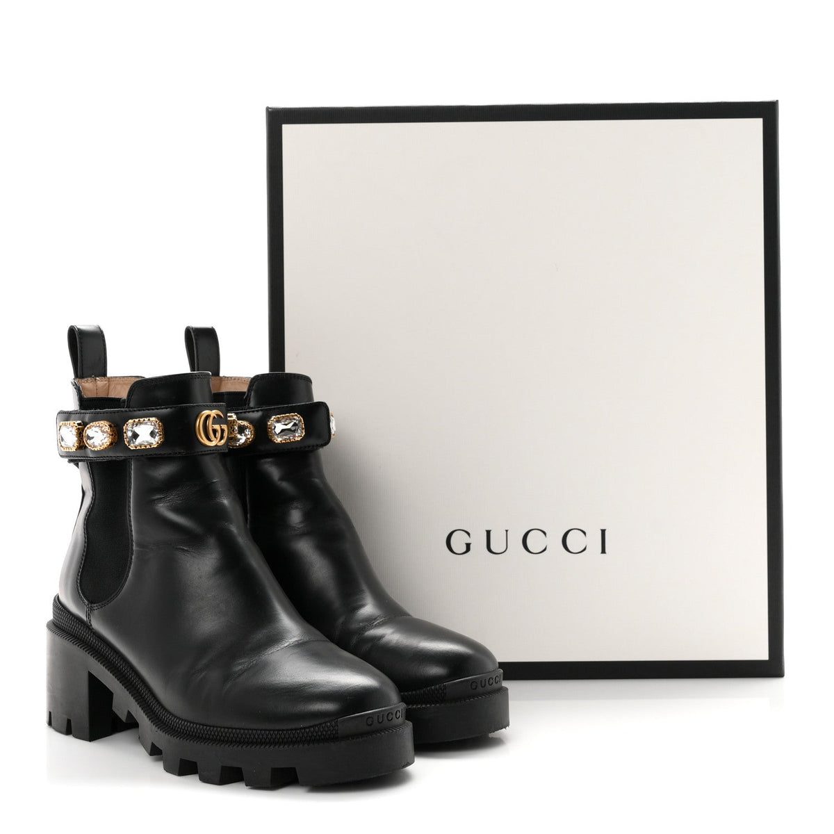 Calfskin Crystal GG Trip Chelsea Ankle Boots 36.5 Black