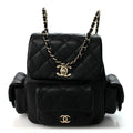 Shiny Caviar Quilted Small Pockets Drawstring Backpack Black