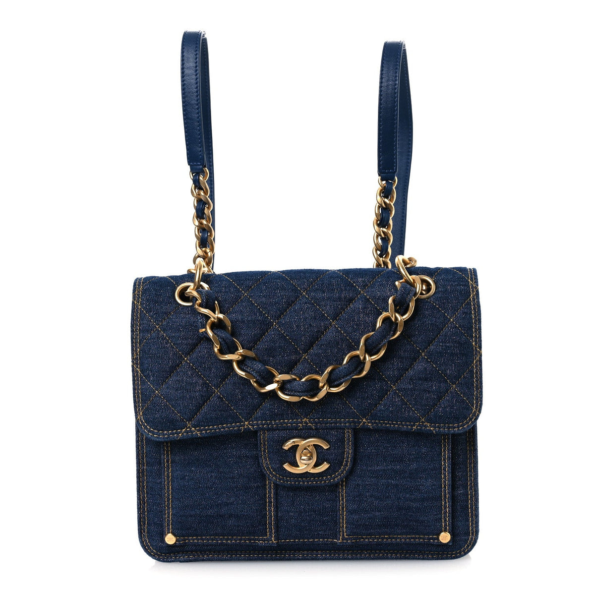 Denim Quilted Double You Backpack Blue Golden