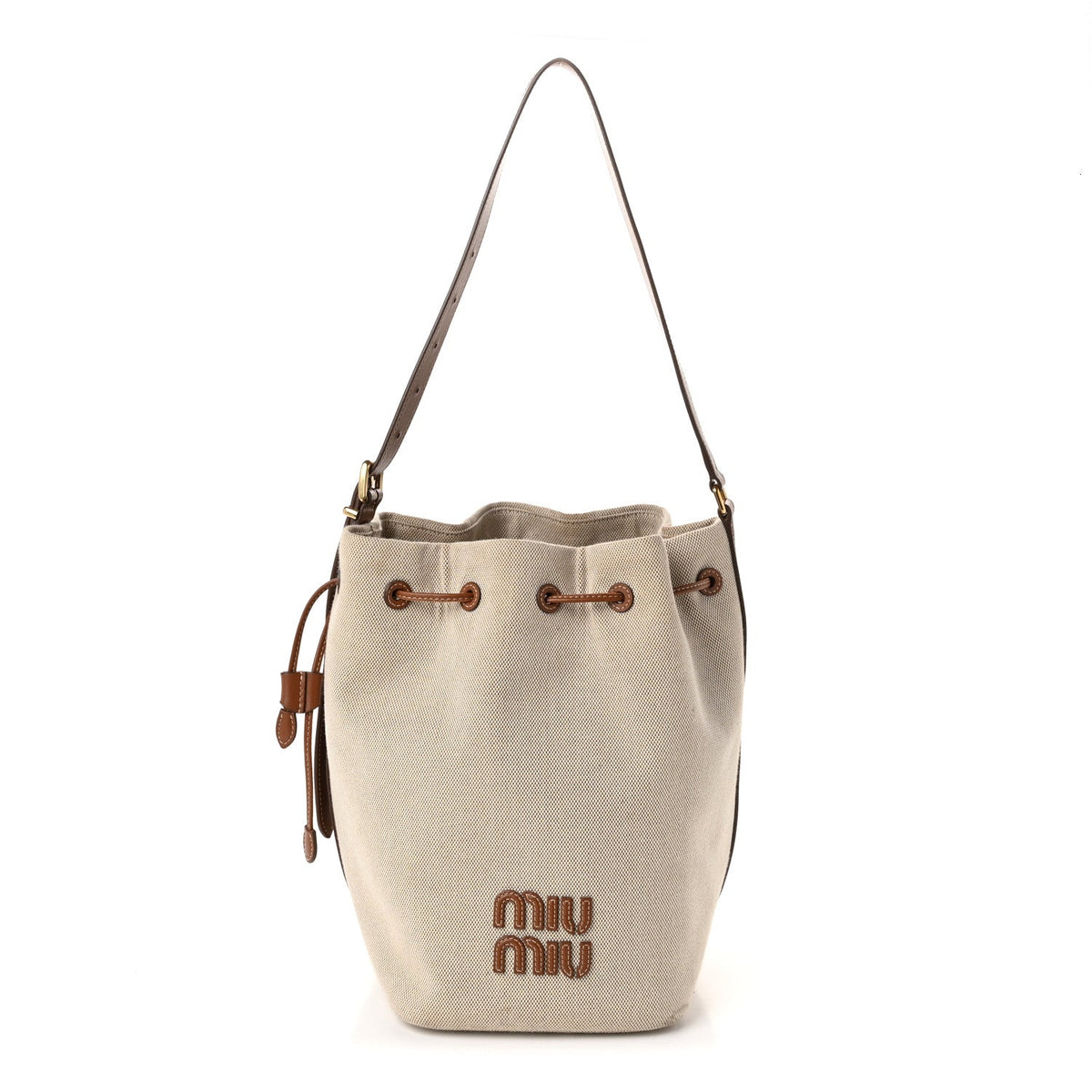 Canvas Calfskin Bucket Bag Natural Brandy