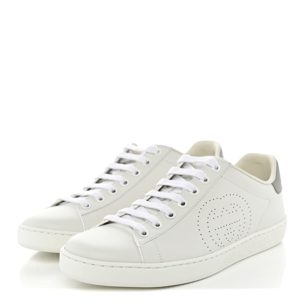 Calfskin Interlocking G Perforated Womens Ace Sneakers 38 White Grey Sky