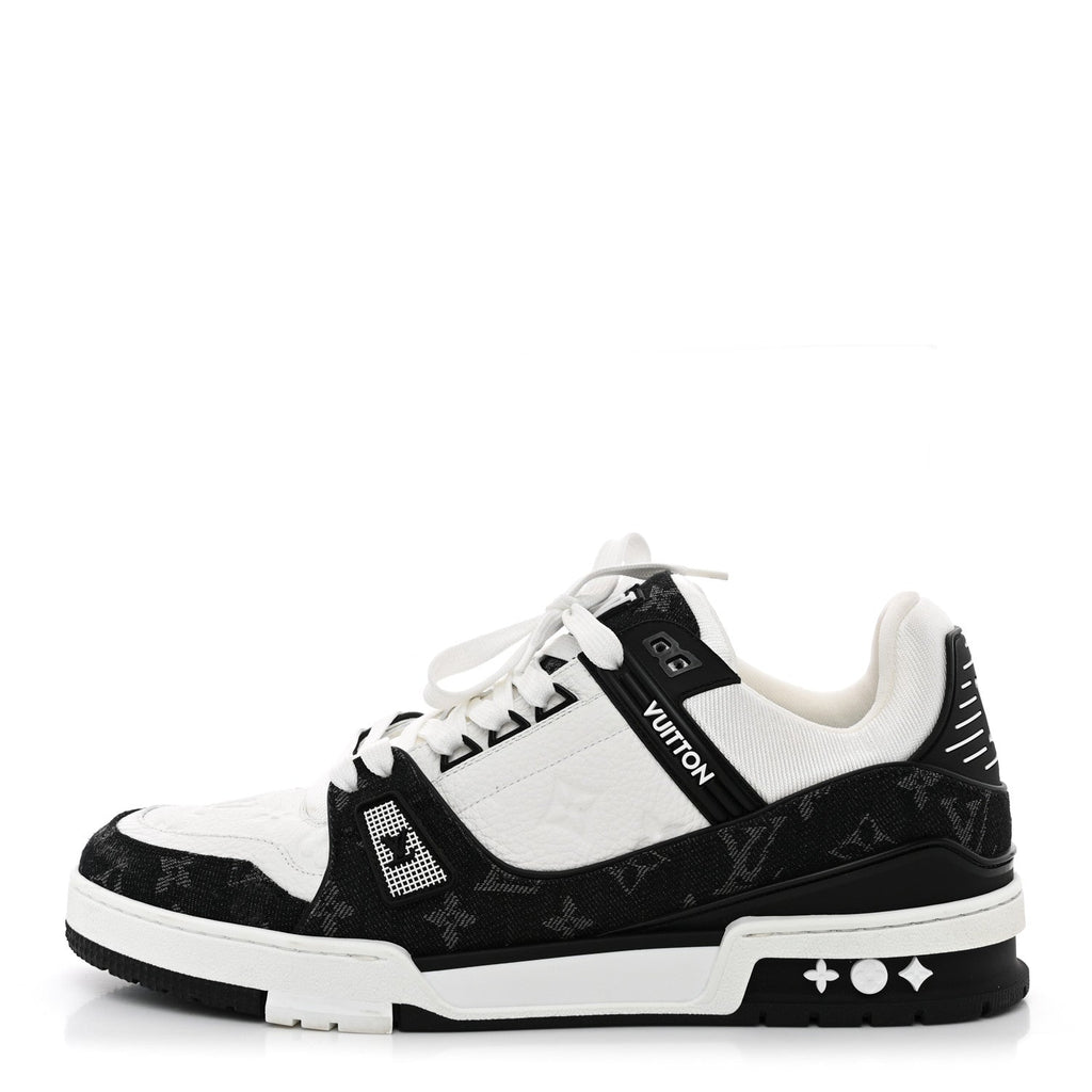 Calfskin Embossed Monogram Denim Mens LV Trainer Sneakers 10 Black