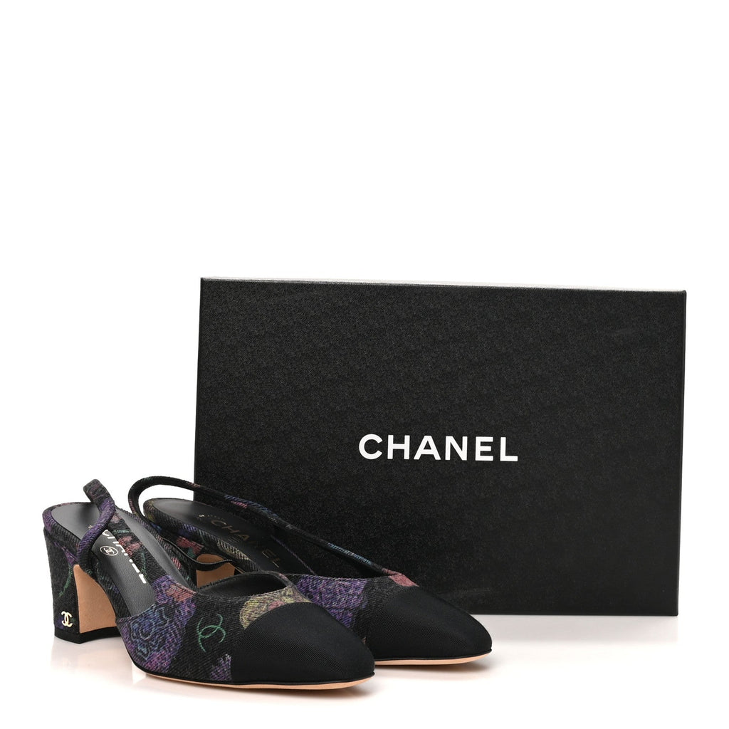 Denim Grosgrain Cap Toe CC Slingback Pumps 37 Charcoal Multicolor