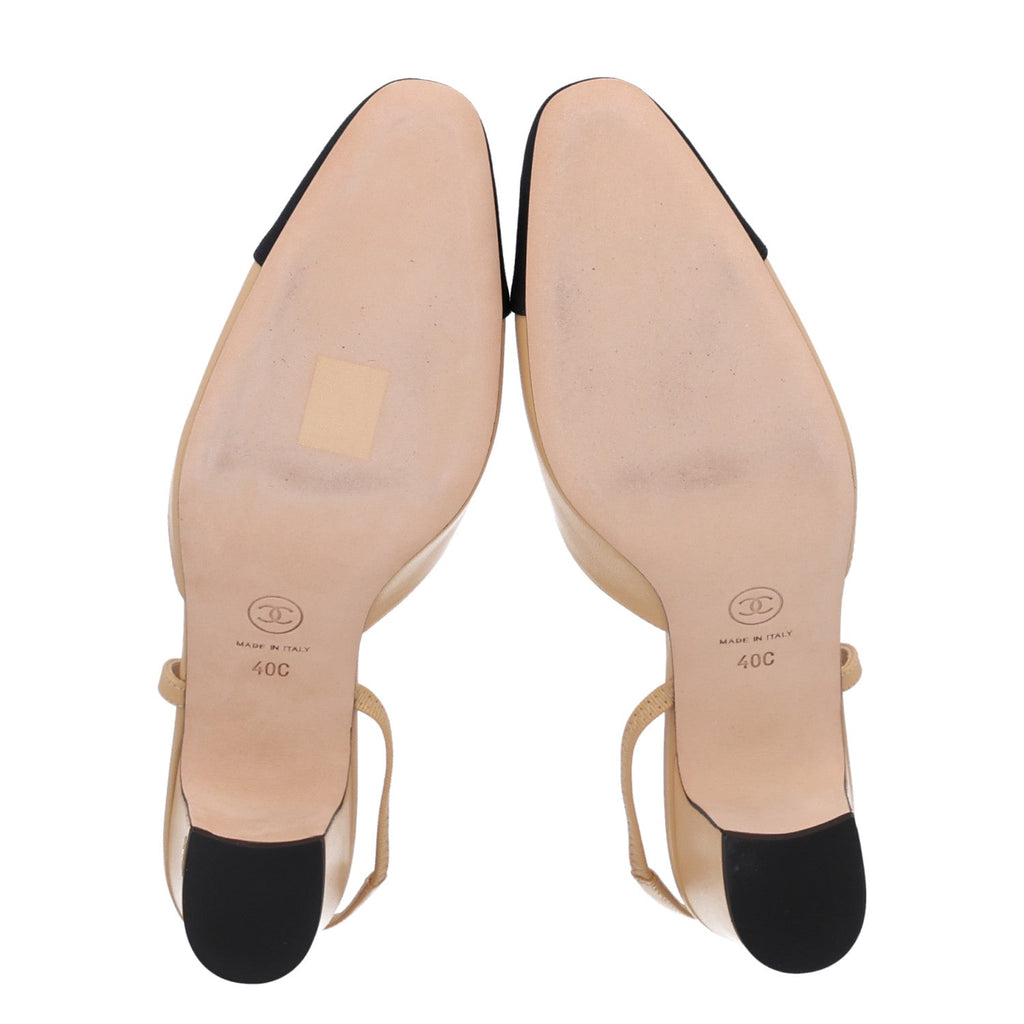 Goatskin Grosgrain Cap Toe CC Slingback Pumps 40 Beige Black
