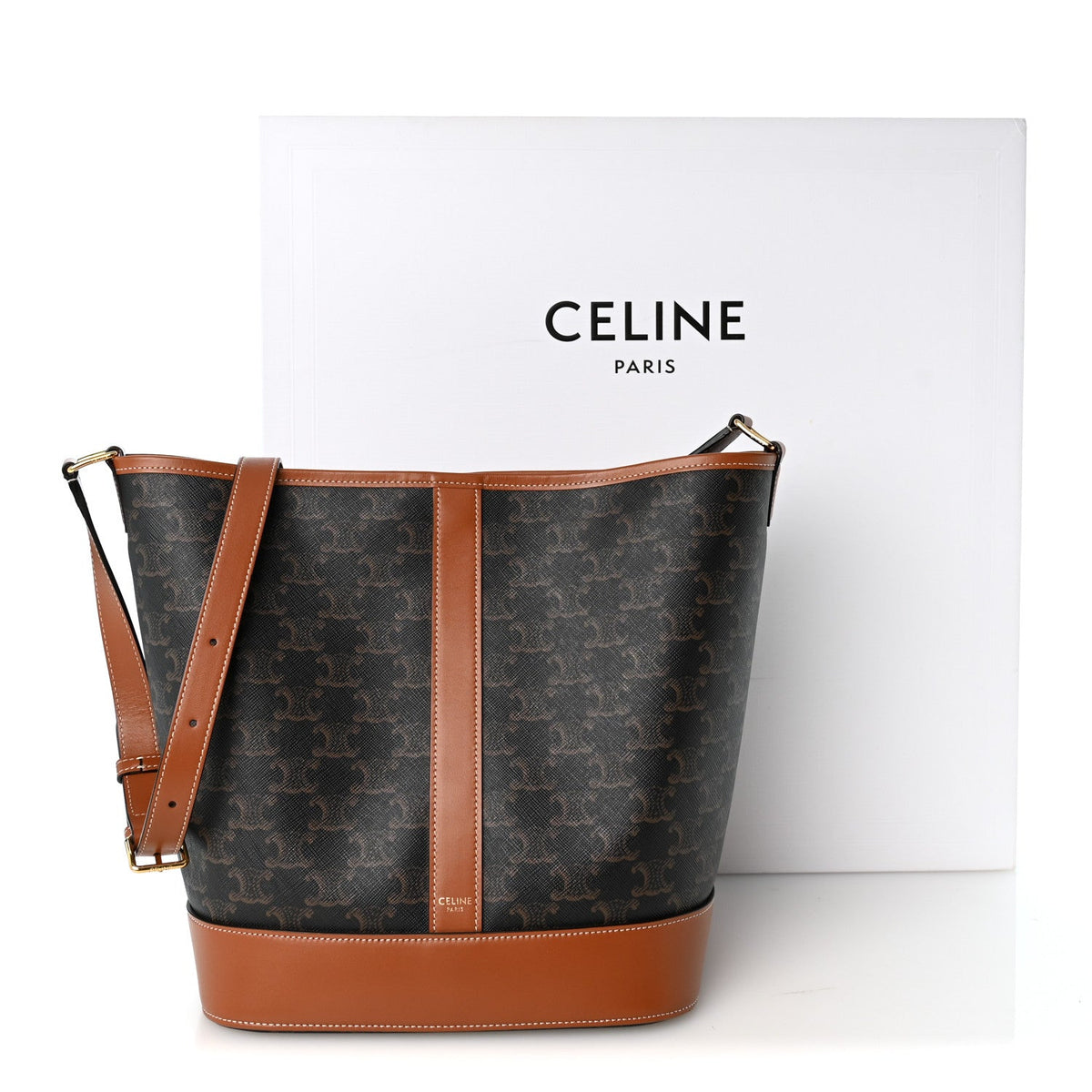 Triomphe Canvas Calfskin Medium Bucket Bag Tan