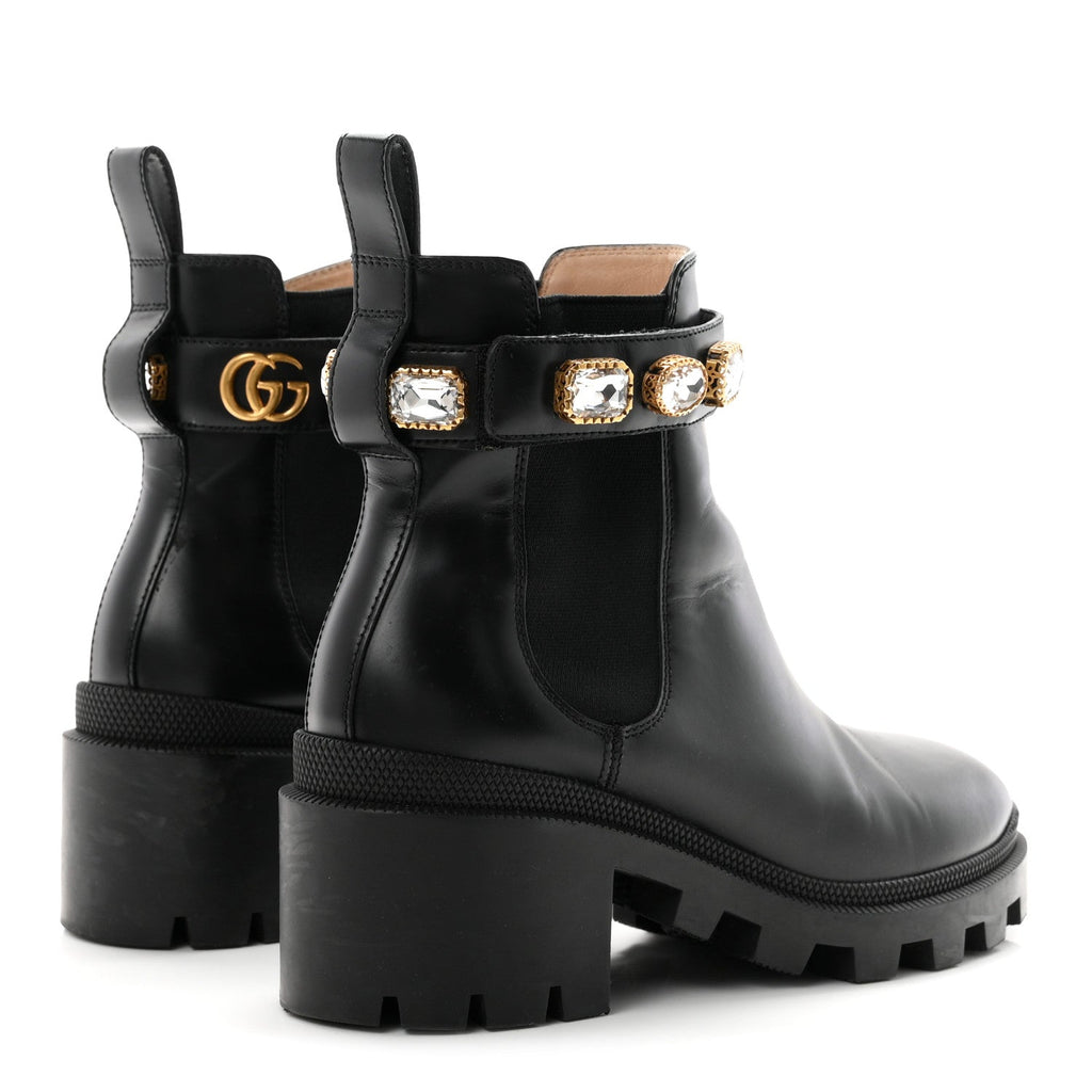 Calfskin Crystal GG Trip Chelsea Ankle Boots 36.5 Black