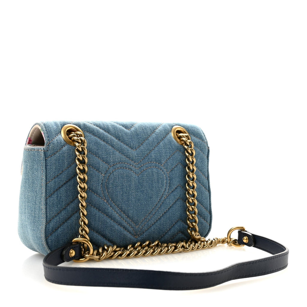 Denim Matelasse Mini Pearly GG Marmont Shoulder Bag Blue