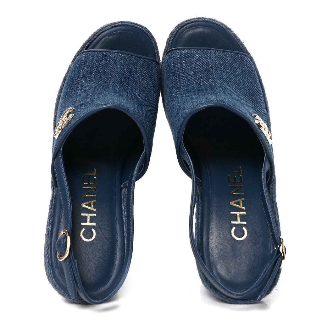 Washed Denim Braided Cord Wedge Sandals 36 Blue