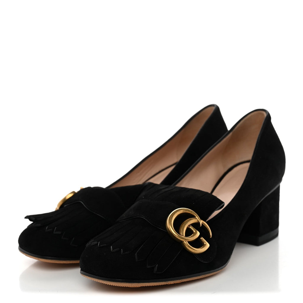 Kid Scamosciato GG Marmont Fringe 50mm Loafer Pumps 37.5 Black