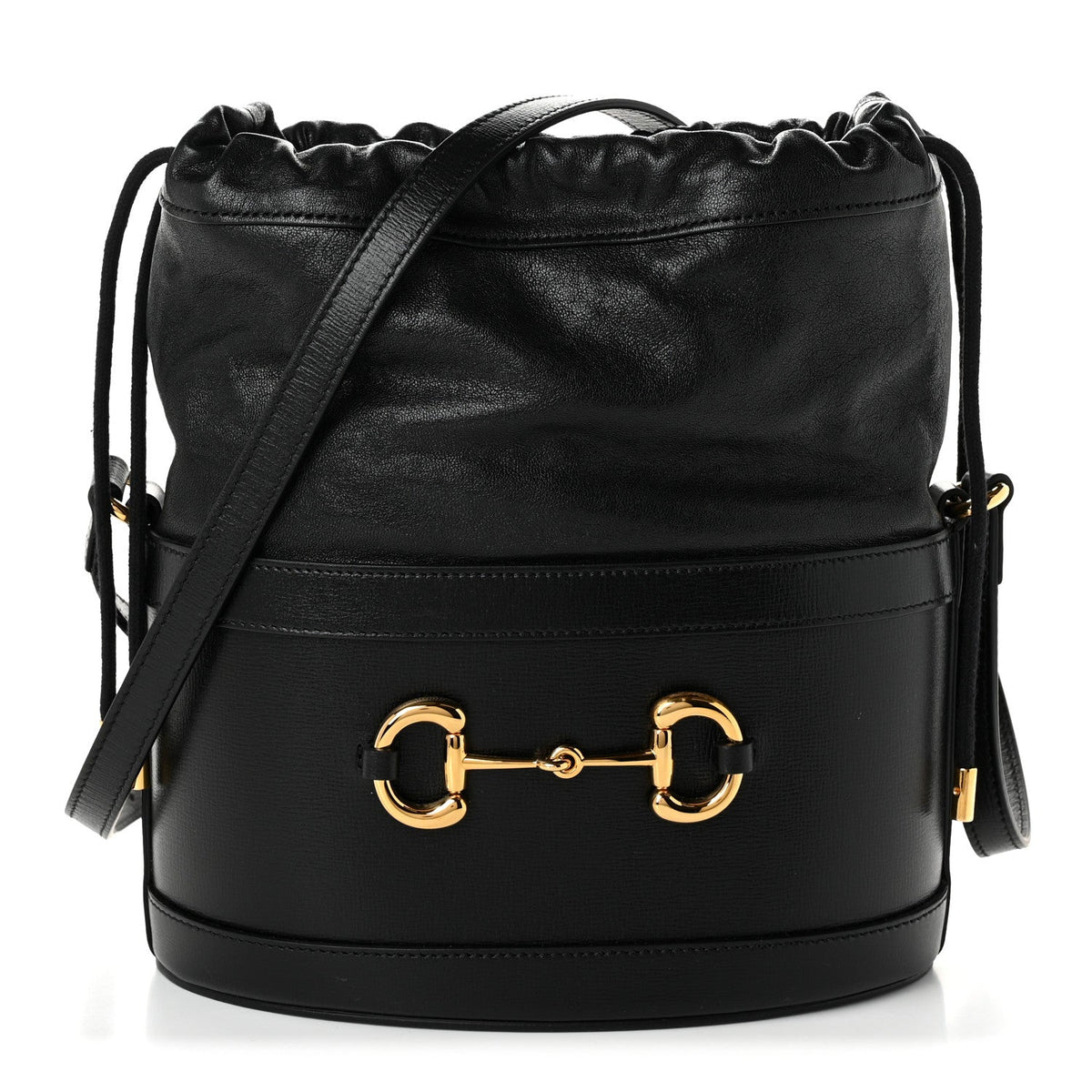 Azalea Sakai Calfskin Horsebit 1955 Drawstring Bucket Bag Black