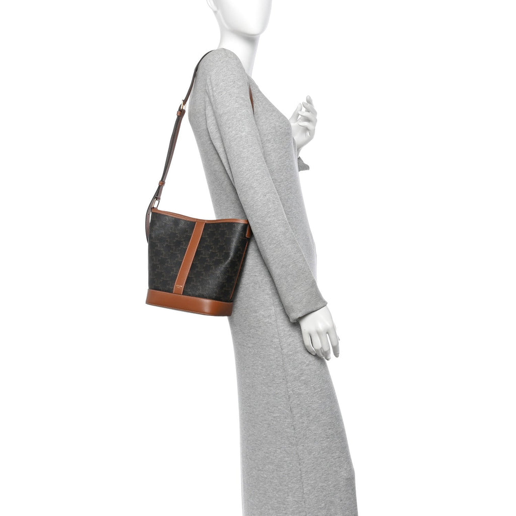 Triomphe Canvas Calfskin Small Bucket Bag Tan