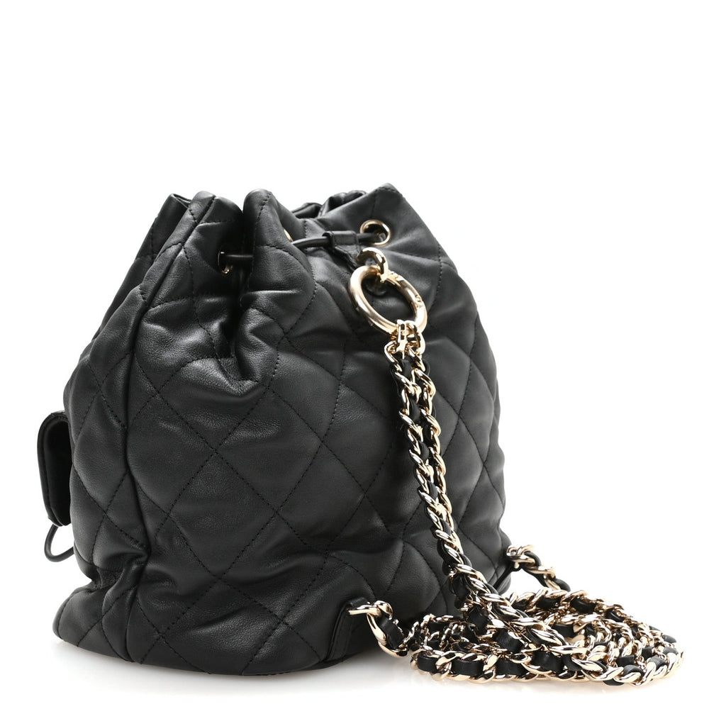 Calfskin Quilted Double Pocket Drawstring Backpack Black
