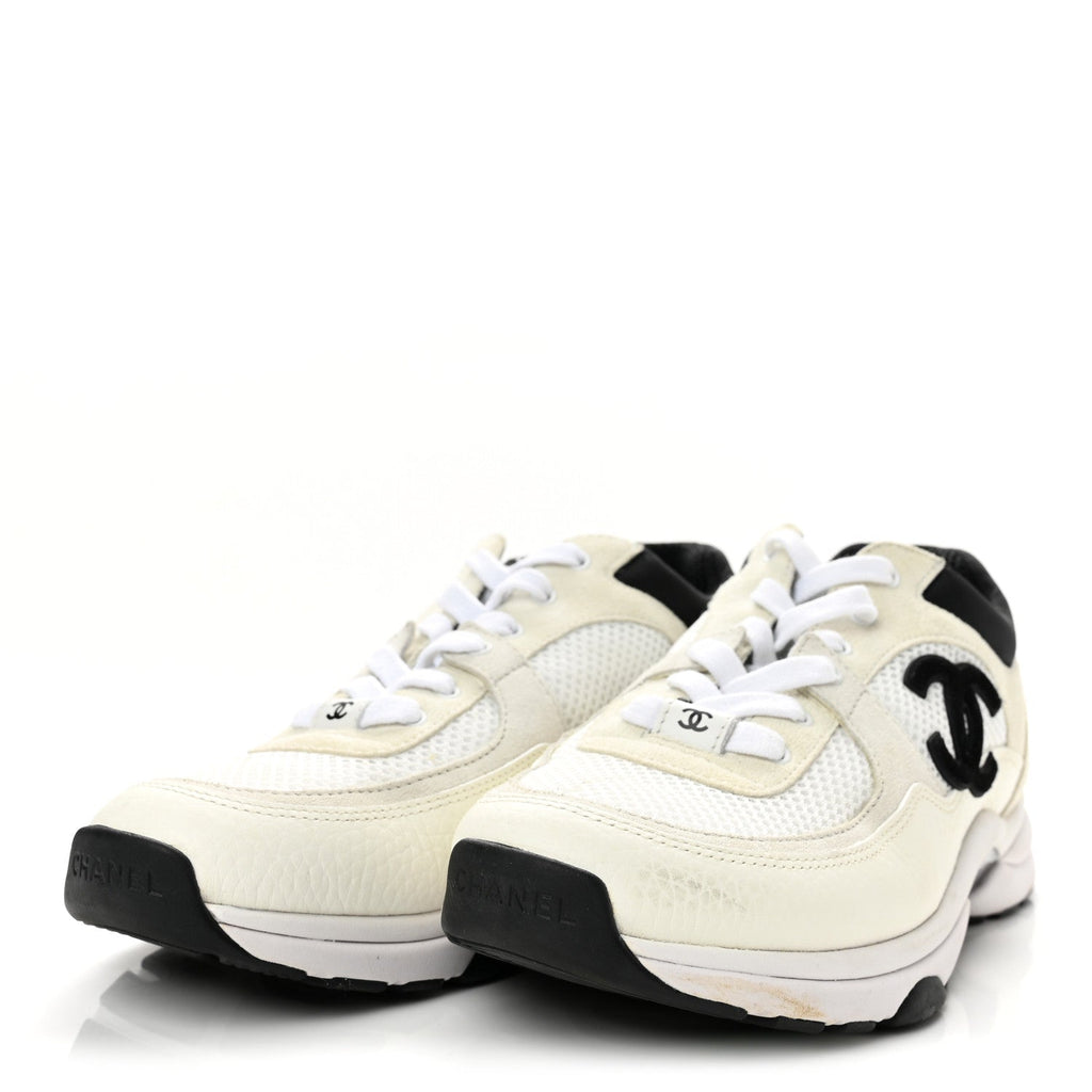 Mesh Suede Calfskin Grained Calfskin Womens CC Sneakers 38.5 White Black