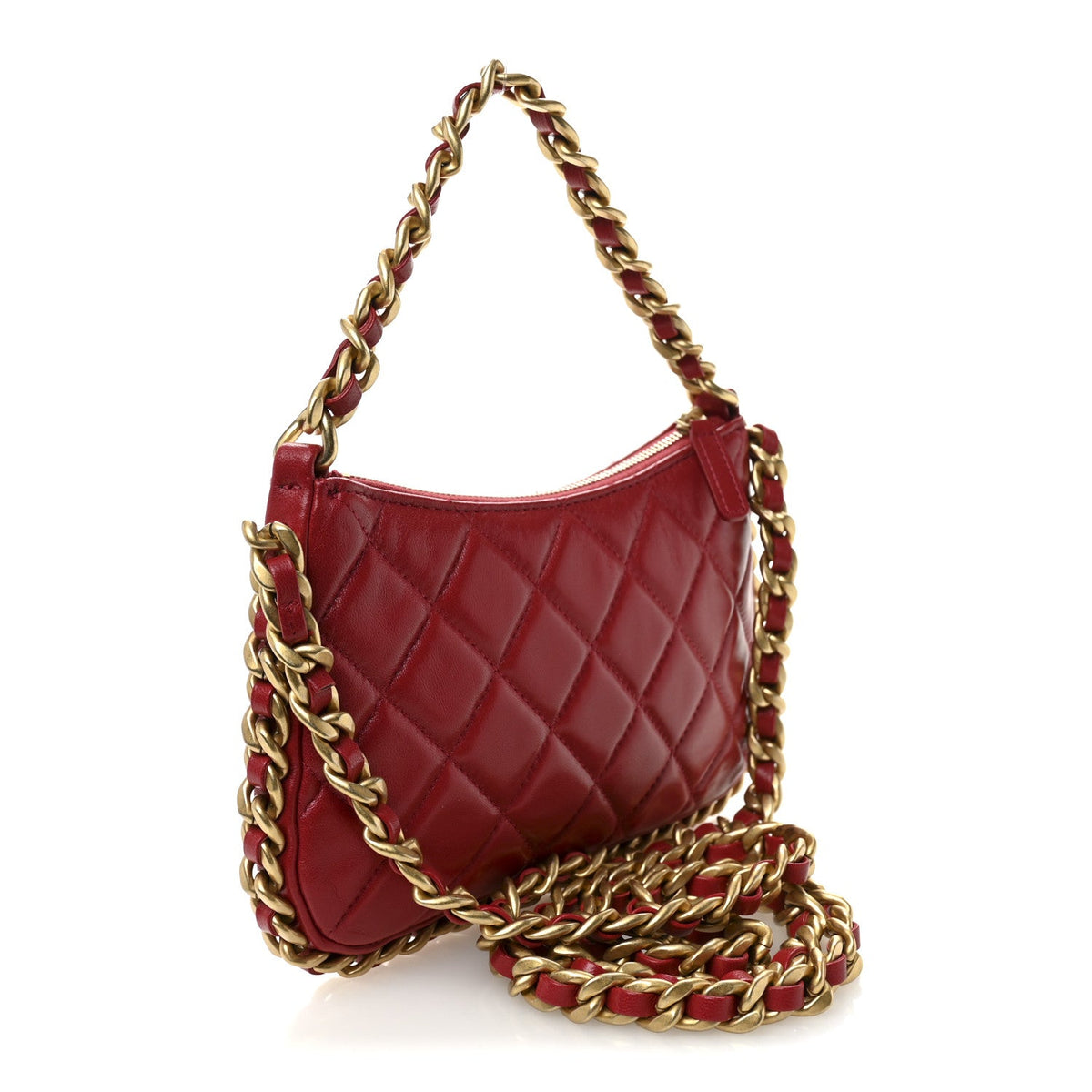 Shiny Lambskin Quilted Trendy Chain Around Hobo Red