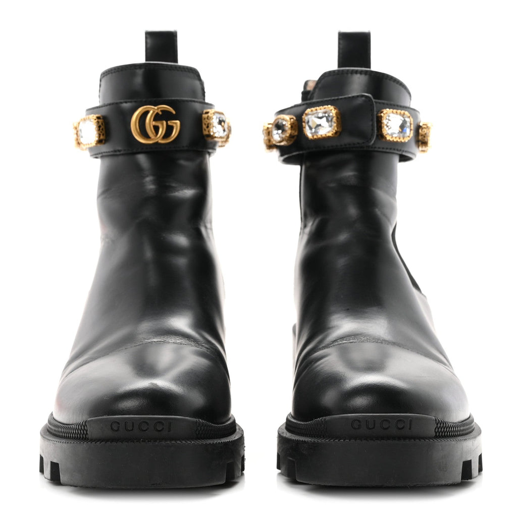 Calfskin Crystal GG Trip Chelsea Ankle Boots 36.5 Black