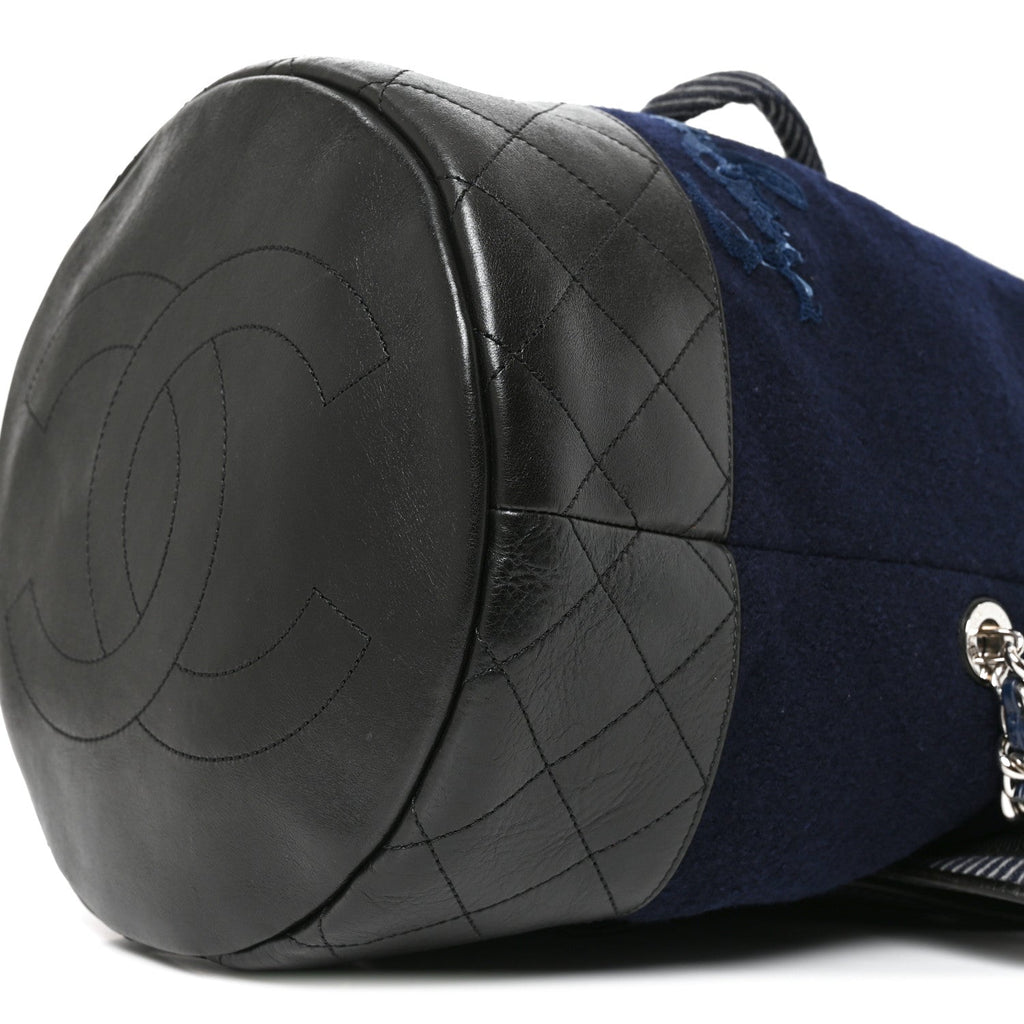 Wool Calfskin Embroidered Paris Hamburg Drawstring Backpack Navy Blue