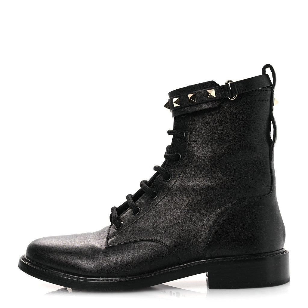 Calfskin Rockstud Combat Ankle Boots 37 Black