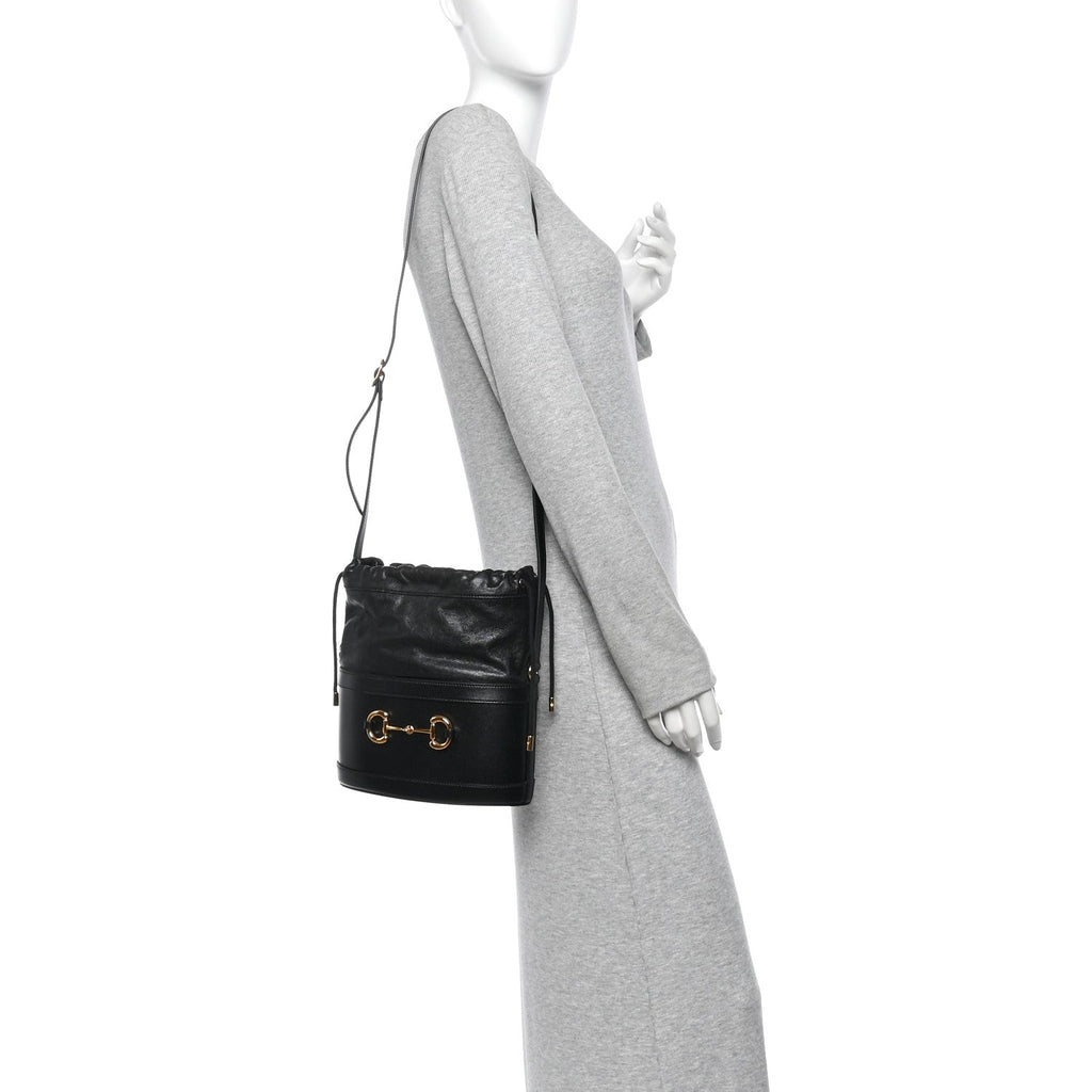 Azalea Sakai Calfskin Horsebit 1955 Drawstring Bucket Bag Black