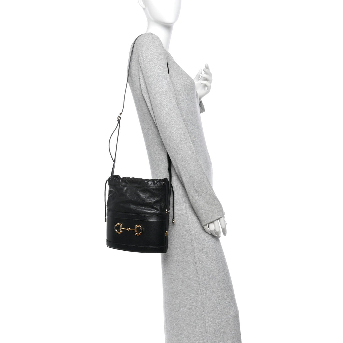 Azalea Sakai Calfskin Horsebit 1955 Drawstring Bucket Bag Black