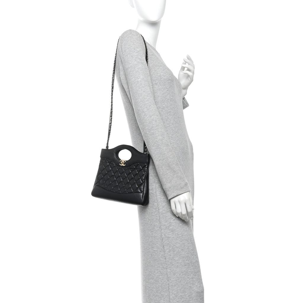 Shiny Crumpled Calfskin Quilted Mini 31 Shopping Bag Black