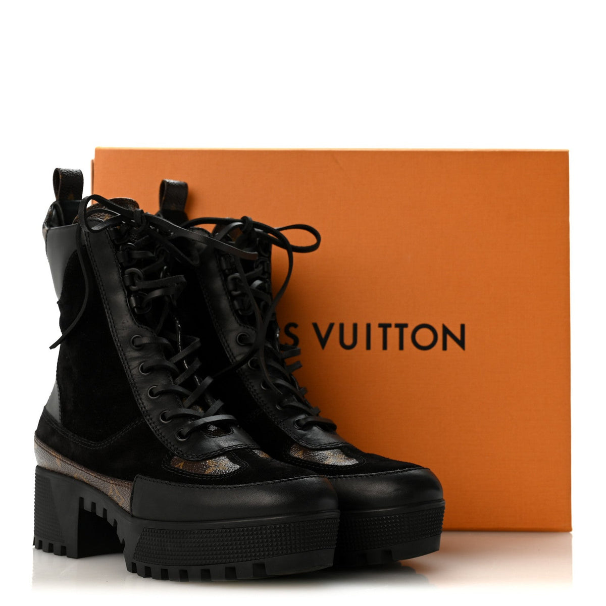 Suede Calfskin Monogram Laureate Platform Desert Boots 36.5 Black