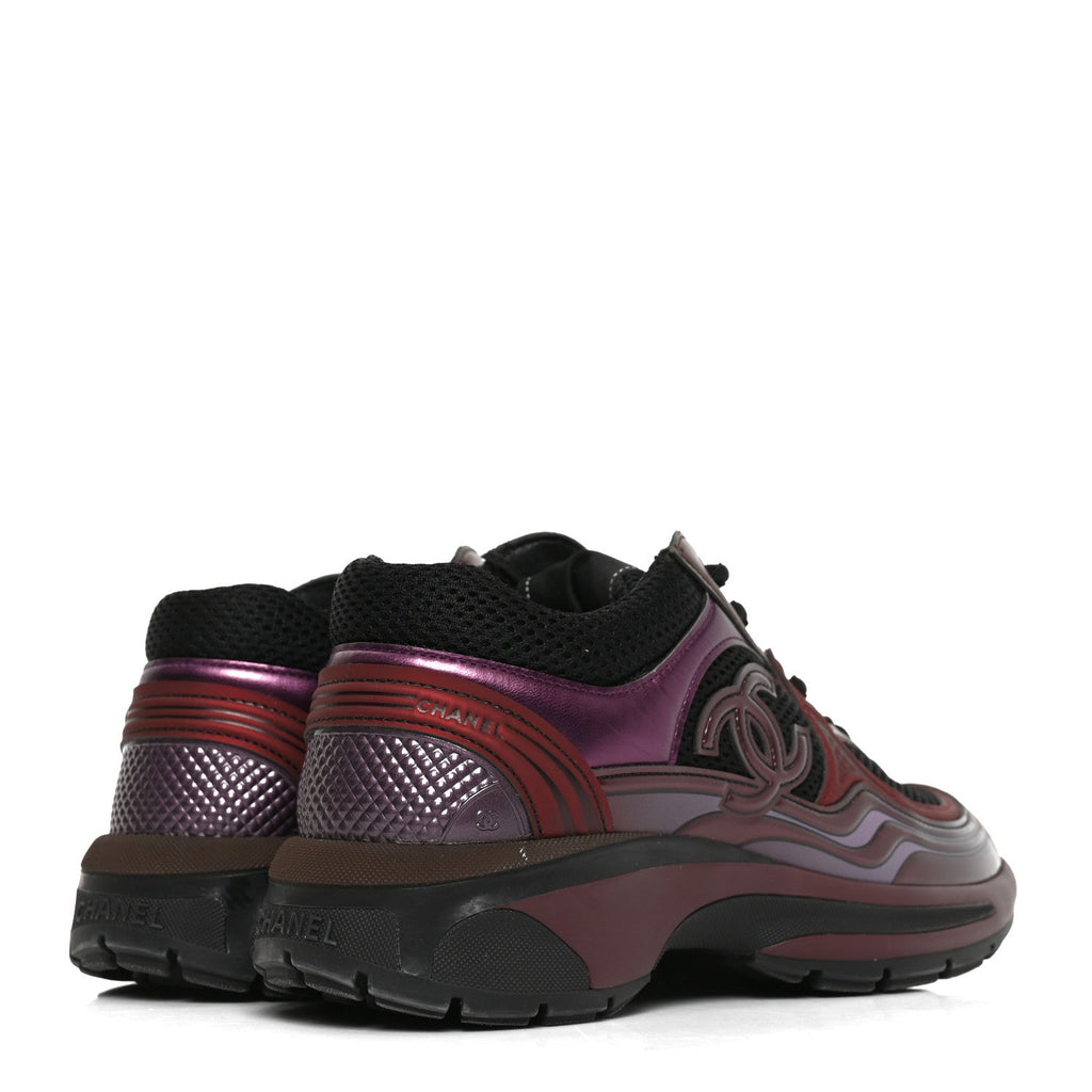 Fabric Laminated Calfskin Stretch CC Womens Sneakers 36 Black Purple Burgundy