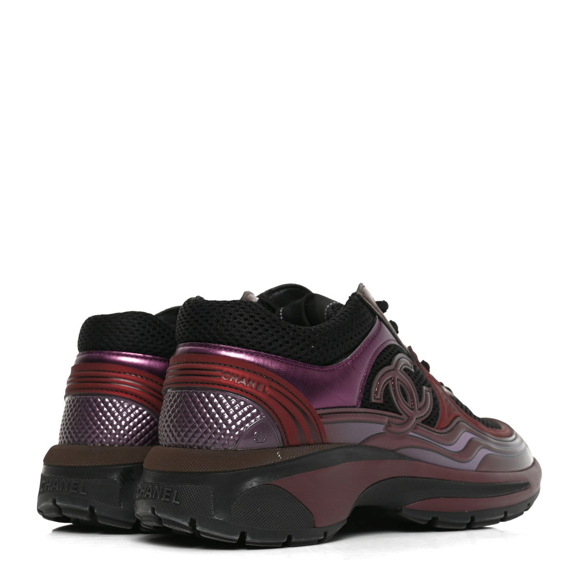 Fabric Laminated Calfskin Stretch CC Womens Sneakers 36 Black Purple Burgundy