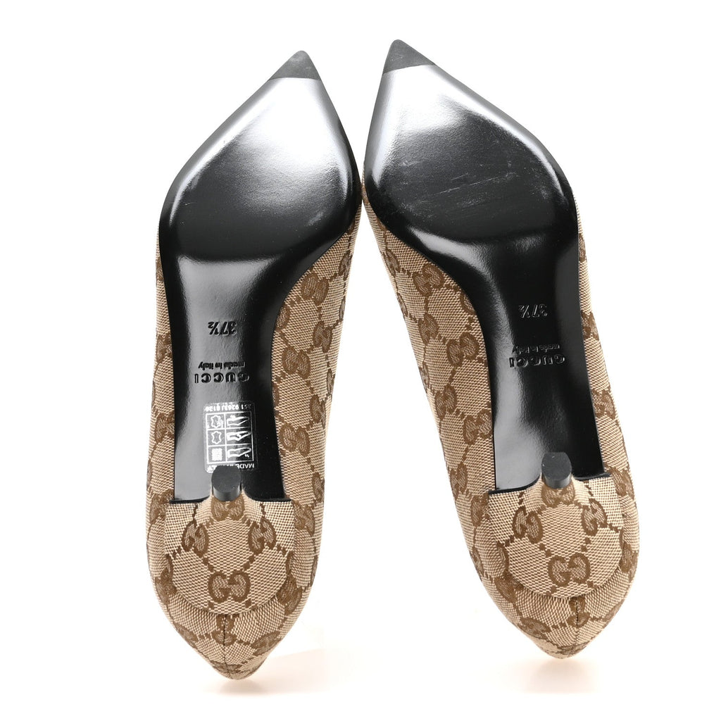 Canvas GG Monogram Horsebit Slingback Pumps 37.5 Beige Ebony Cocoa