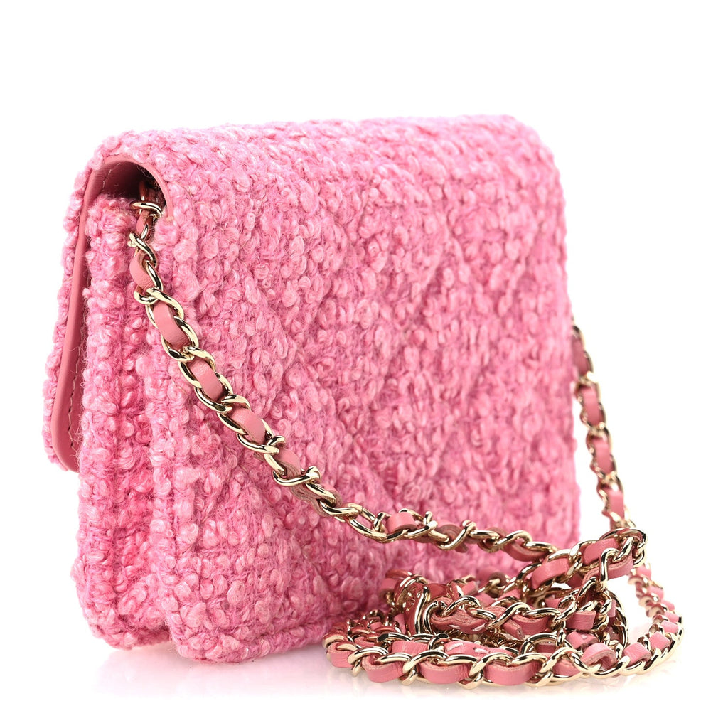 Tweed Quilted Flap Chain Waist Bag Pink