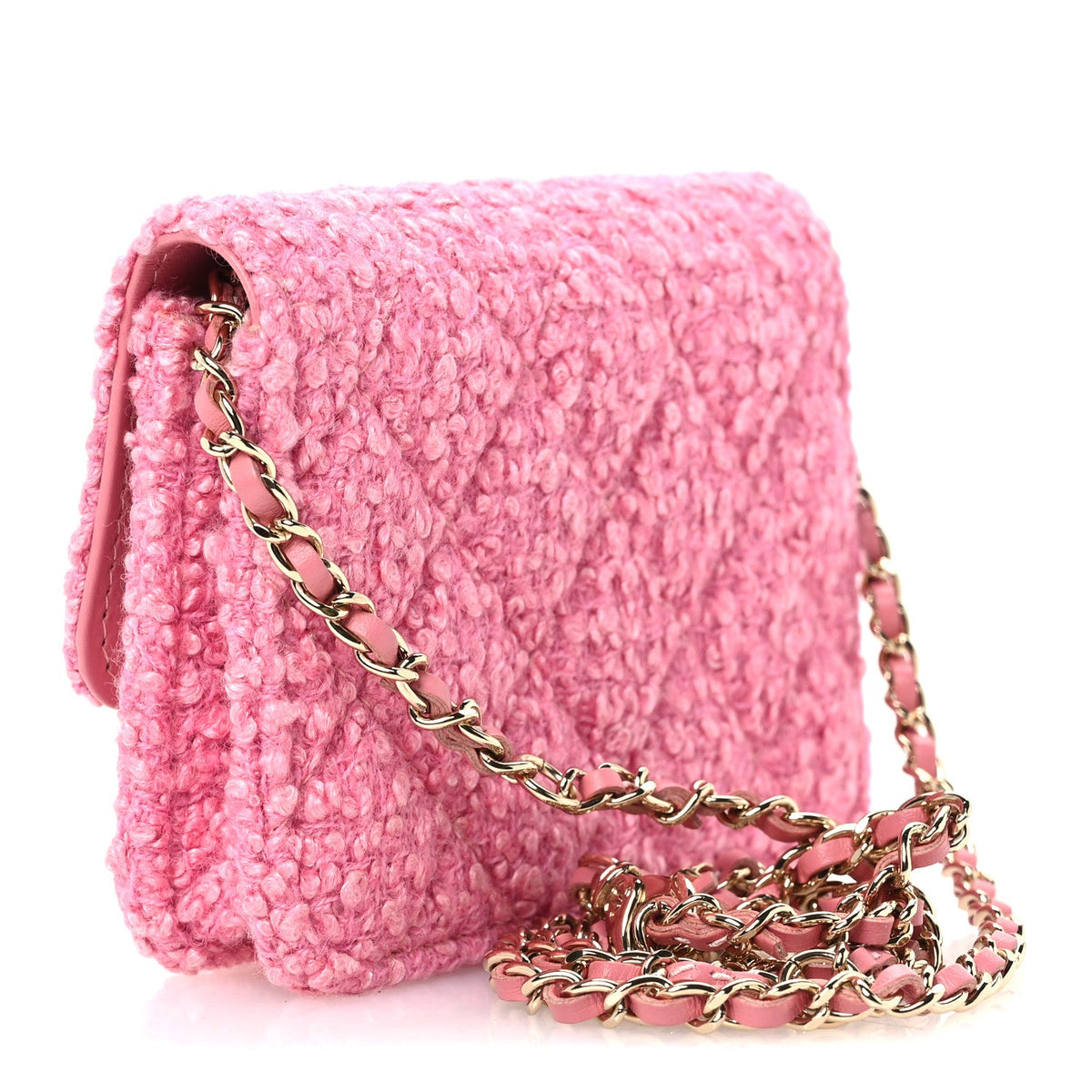 Tweed Quilted Flap Chain Waist Bag Pink