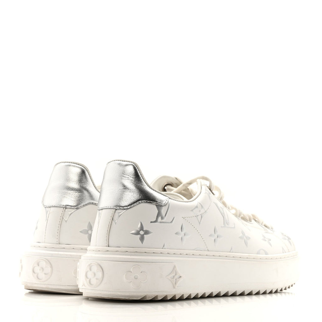 Calfskin Monogram Debossed Time Out Sneakers 38 White Silver