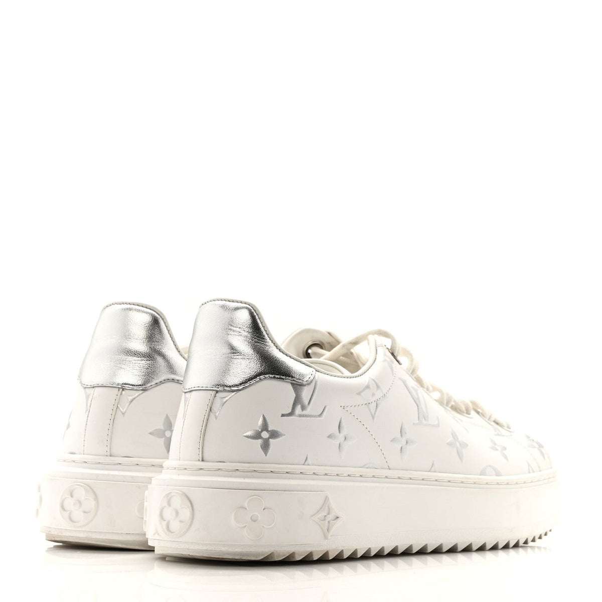 Calfskin Monogram Debossed Time Out Sneakers 38 White Silver
