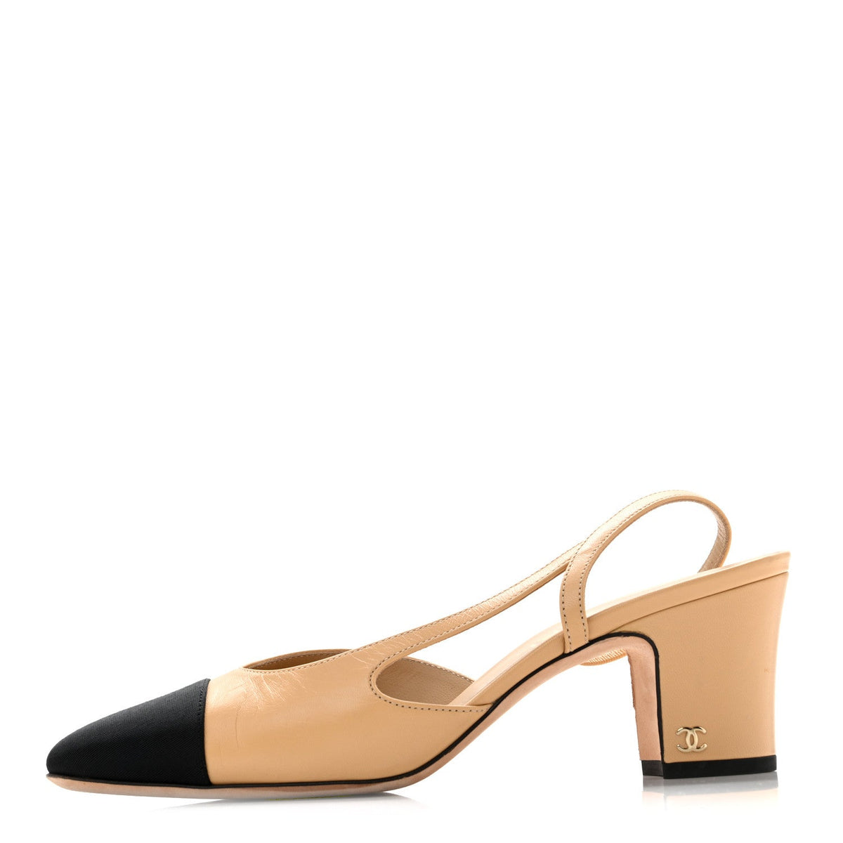 Goatskin Grosgrain Cap Toe CC Slingback Pumps 39 Beige Black