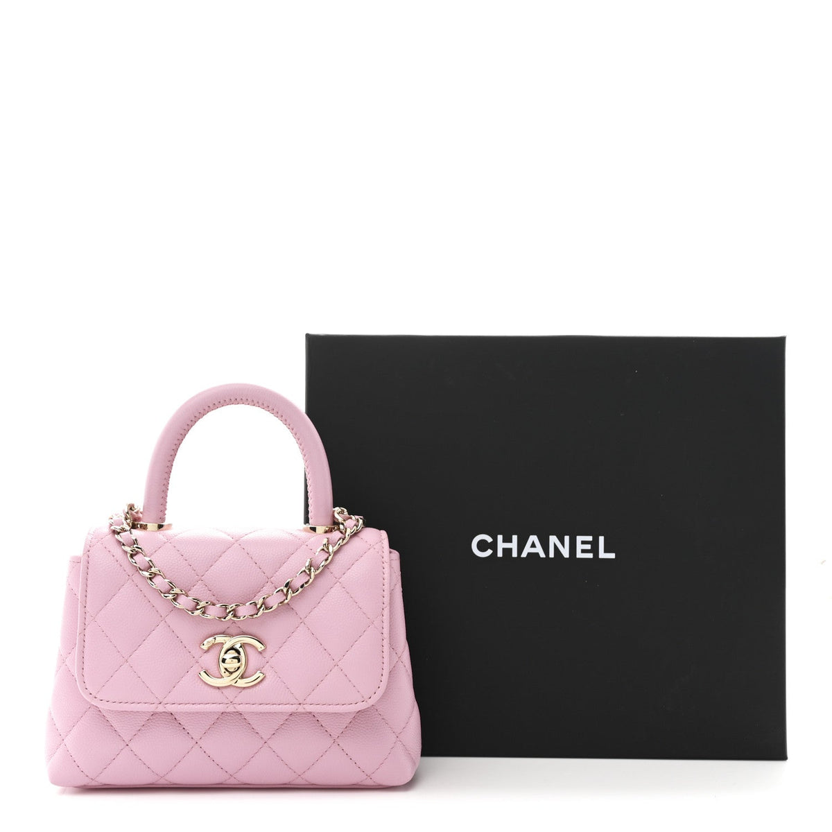 Caviar Quilted Coco Handle Clutch With Chain Pink