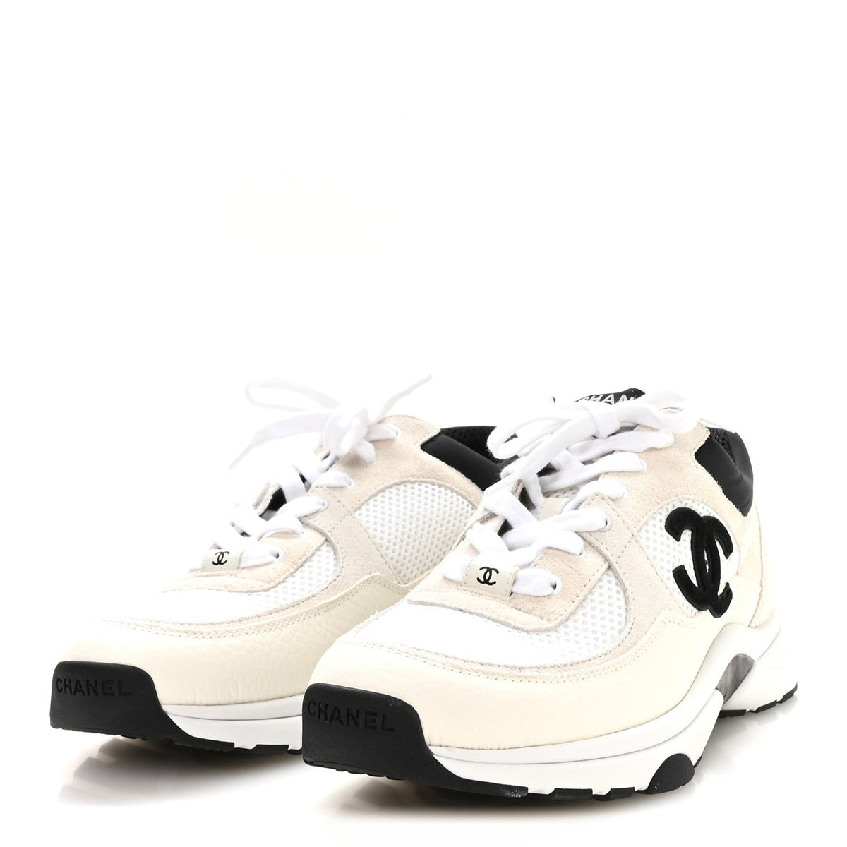 Mesh Suede Calfskin Grained Calfskin Womens CC Sneakers 40.5 White Black