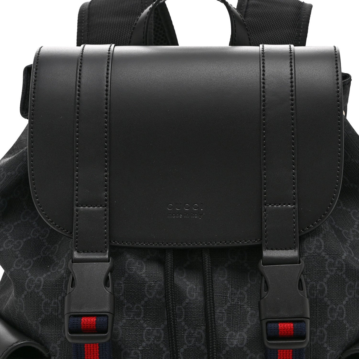 Soft GG Supreme Monogram Calfskin Web Double Buckle Backpack Black