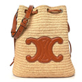 Raffia Calfskin Triomphe Drawstring Bucket Natural Tan