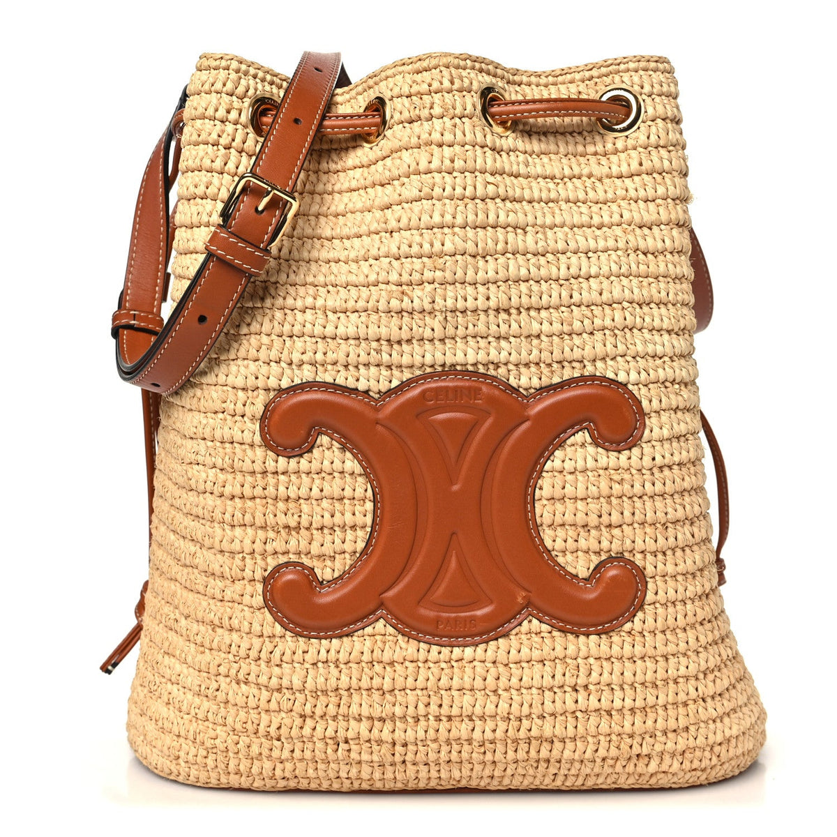 Raffia Calfskin Triomphe Drawstring Bucket Natural Tan