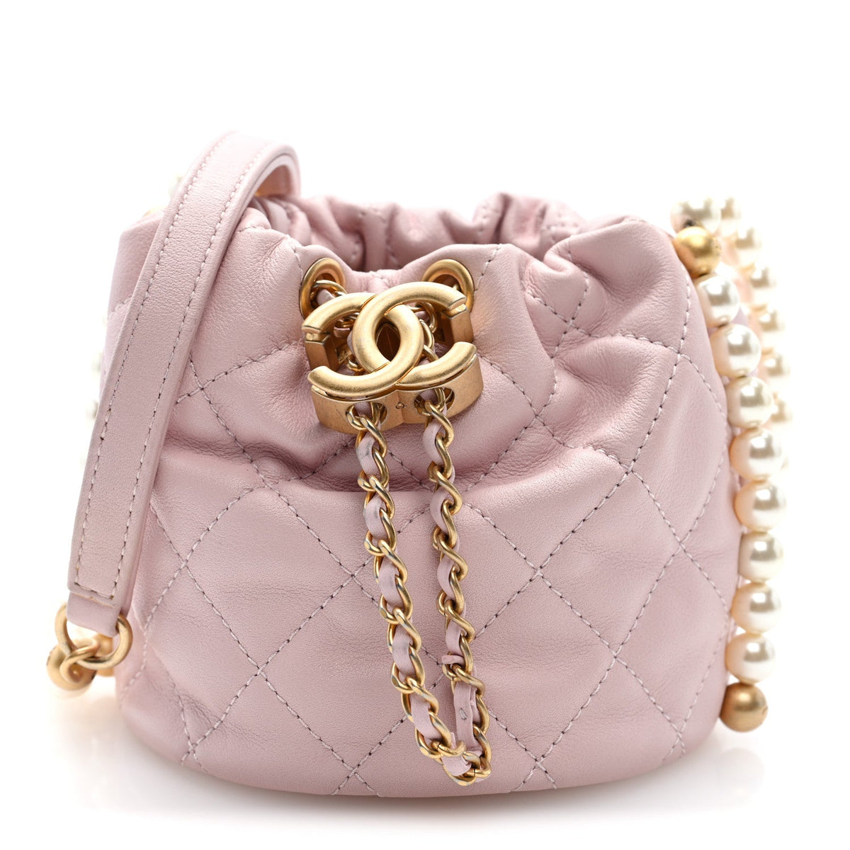 Calfskin Quilted Pearl Mini About Pearls Drawstring Bucket Light Pink