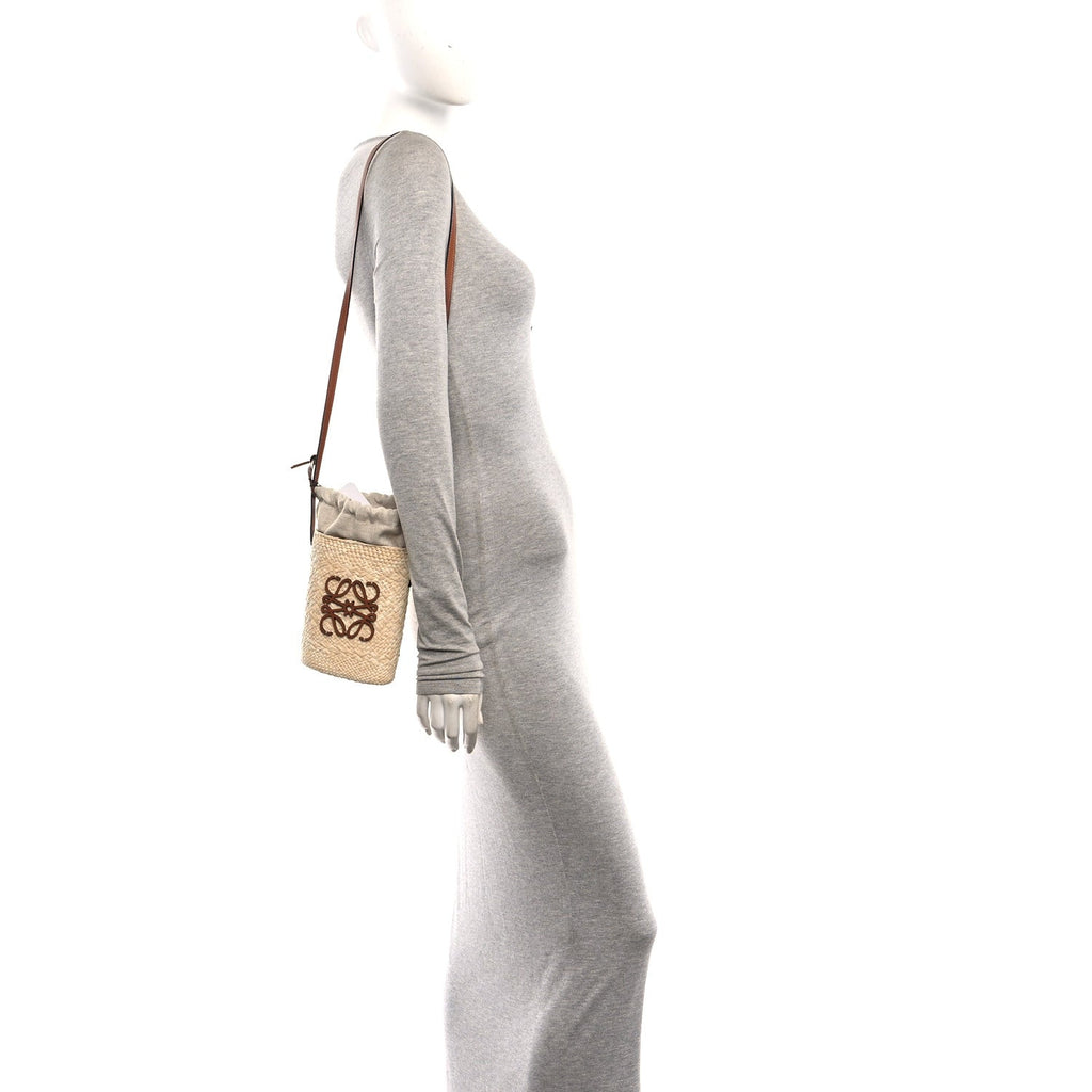 Calfskin Raffia Paulas Ibiza Square Bucket Bag Natural Tan