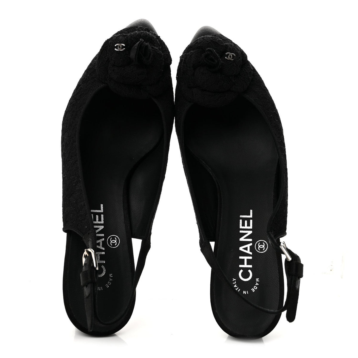 Lace Camellia CC Slingback Pumps 38 Black