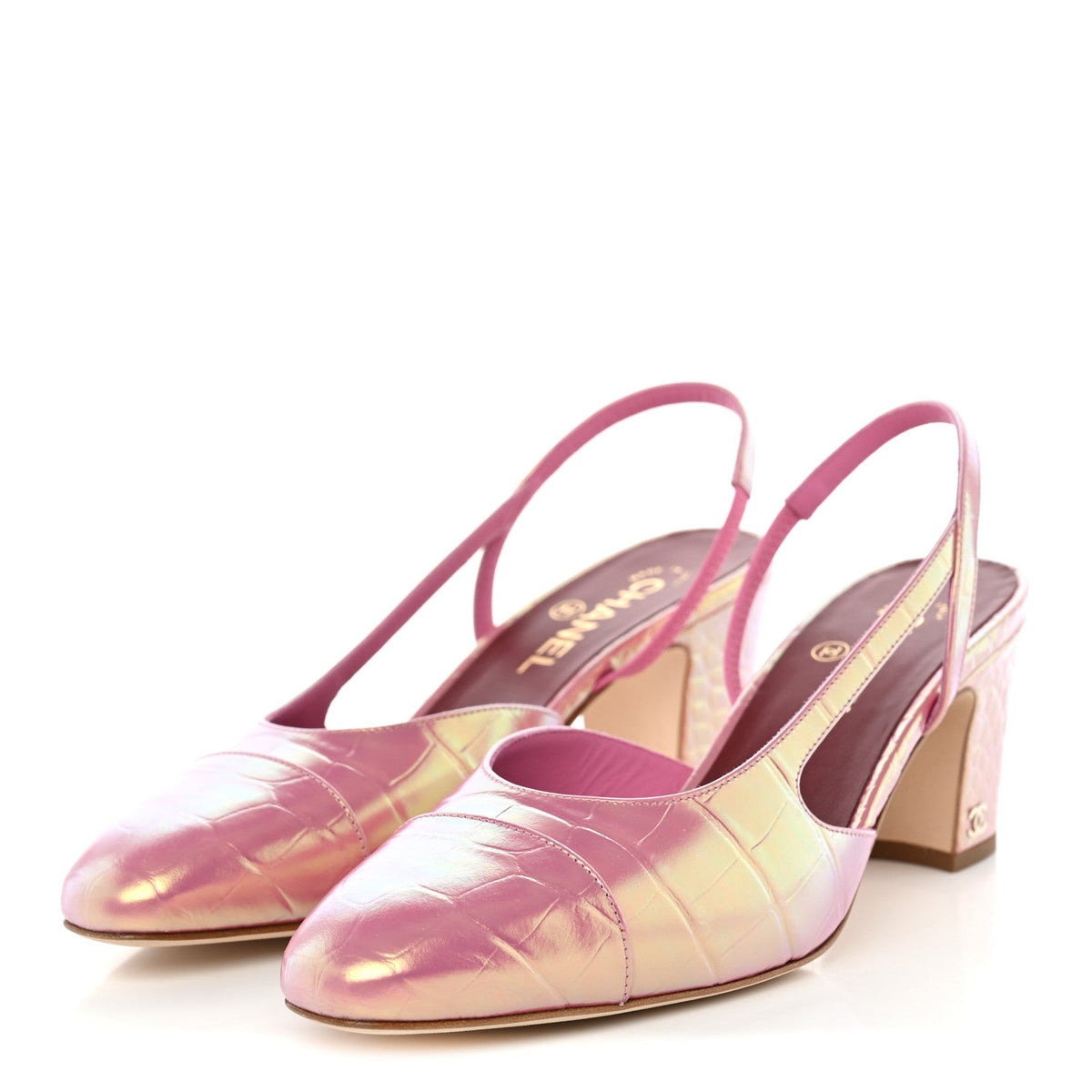 Iridescent  Crocodile Embossed CC Cap Toe CC Slingback Pumps 41 Pink