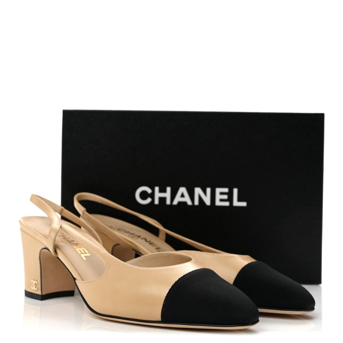 Goatskin Grosgrain Cap Toe CC Slingback Pumps 39 Beige Black