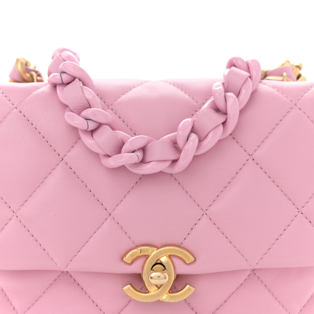 Lambskin Quilted Mini Lacquered Chain Flap Pink