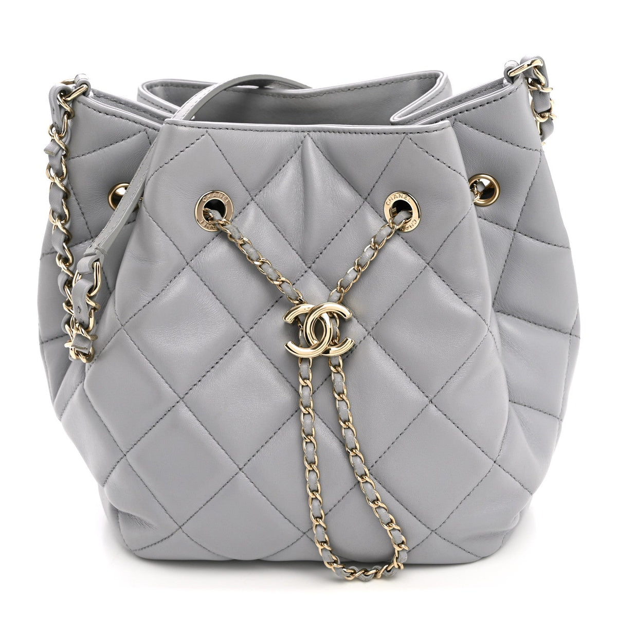 Lambskin Quilted CC Dweller Drawstring Bucket Bag Light Grey