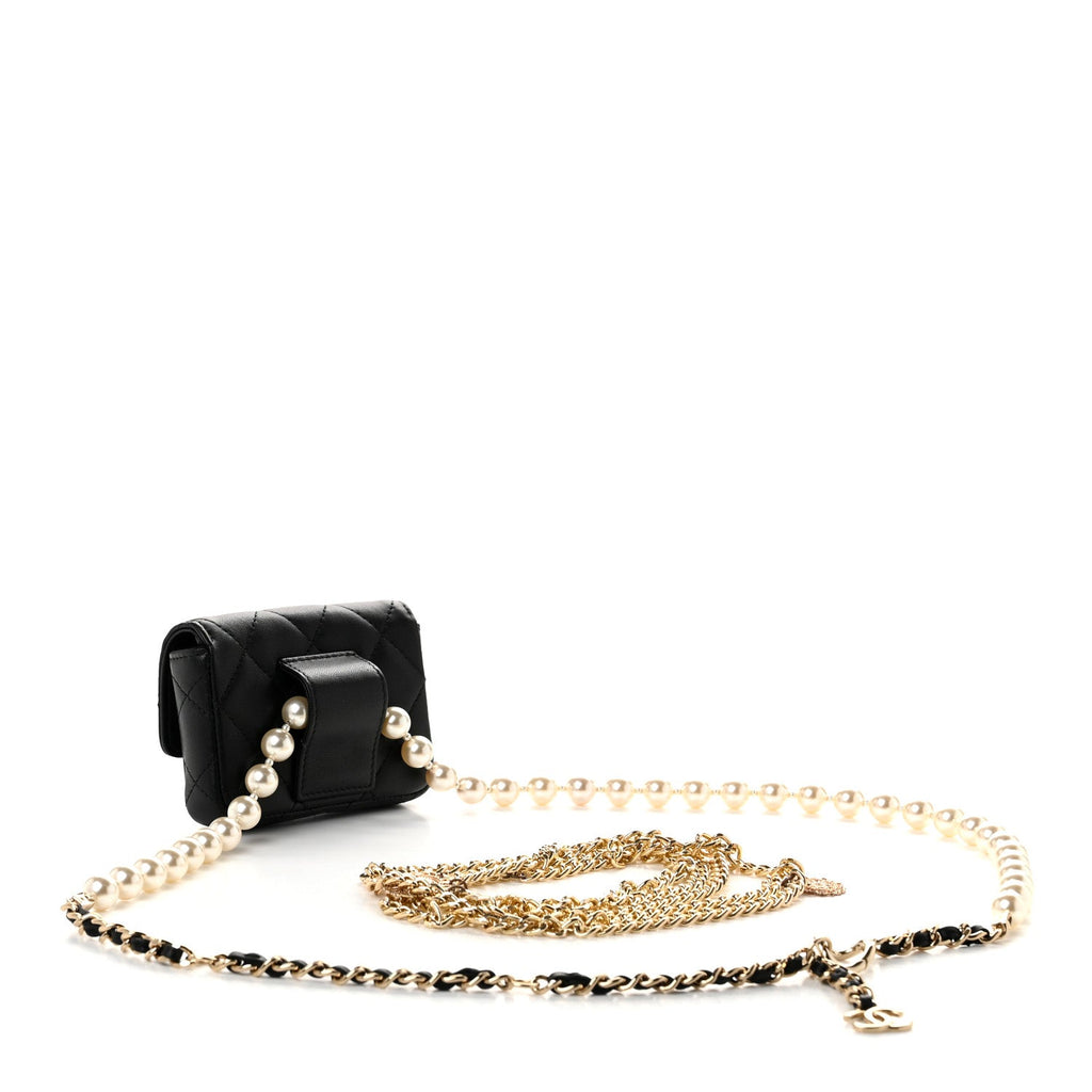 Lambskin Quilted Pearl Chain Belt Bag Black